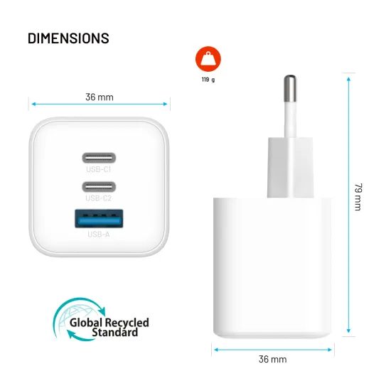 FIXED Mini GaN hálózati töltő, 2x USB-C + USB, PD 65W, fehér