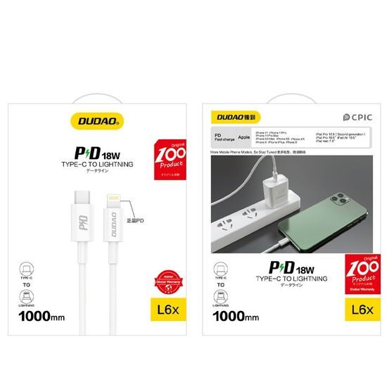 Dudao USB-C - Lightning kabel, 18 W Power Delivery 1 m, bijeli (L6X white)