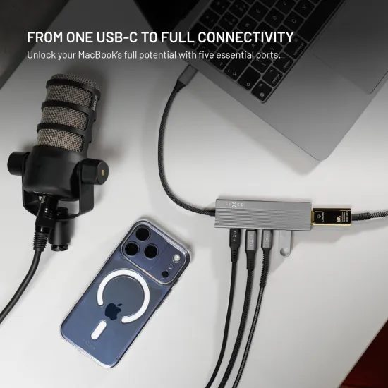 Alumínium USB-C elosztó FIXED HUB Core, 5 port, notebookokhoz és tabletekhez, 100W, PD 3.0, űrszürke
