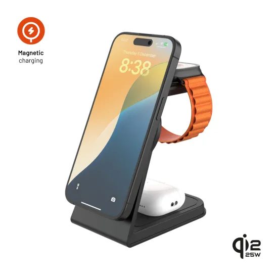FIXED MagPowerstation Alu 3 3 az 1-ben vezeték nélküli töltőállvány MagSafe-fel, 25W + 5W + 3,5W, Qi2.2, fekete