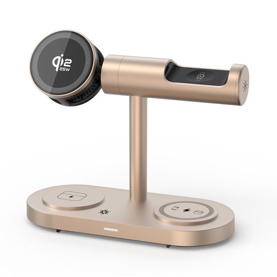 Qi2.2 MagSafe Nabíjecí stanice 5v1 s aktivním chlazením, 25 W a 360° rotací pro iPhone, Apple Watch, AirPods, Android, zlatá