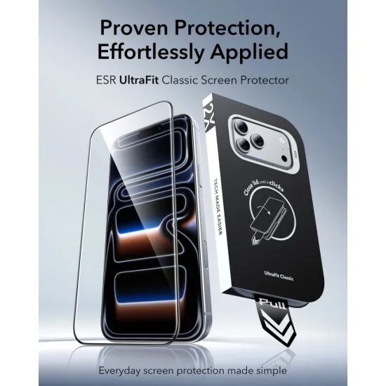 iPhone 17 Pro / 18 Pro aizsargstikls – ESR Classic UltraFit rūdītā stikla komplekts 2 gab.