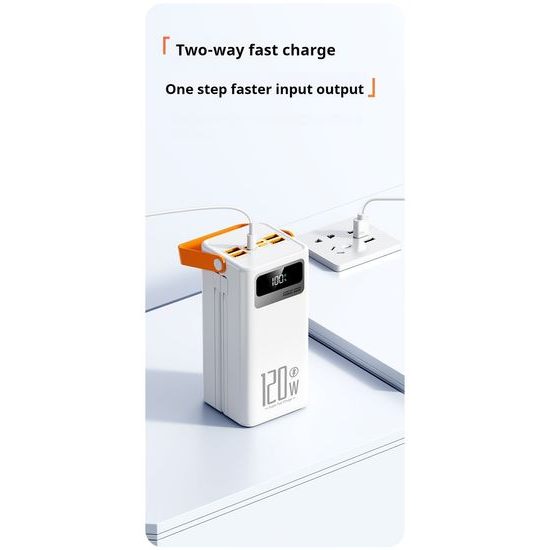 Powerbank 80.000 mAh, 120W PD + QC, 4 USB + 2 Kabel, LED-Licht, weiß