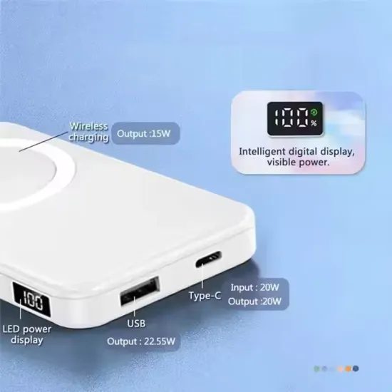 Ultra vékony power bank állvánnyal és digitális kijelzővel, 10000mAh, 22.5W, Quick Charge 3.0, PD20W, kék