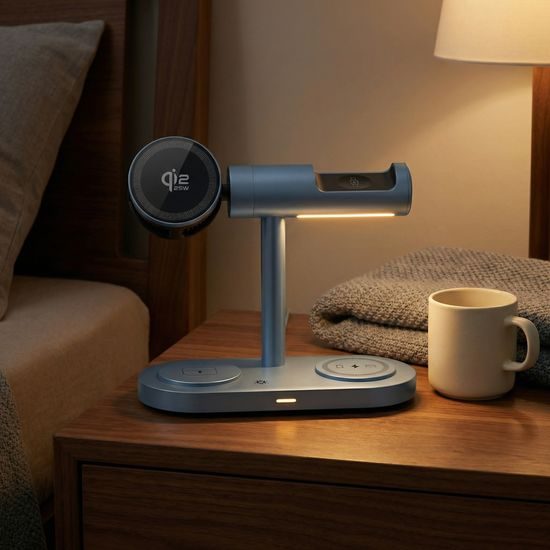 Qi2.2 MagSafe Nabíjecí stanice 5v1 s aktivním chlazením, 25 W a 360° rotací pro iPhone, Apple Watch, AirPods, Android, modrá