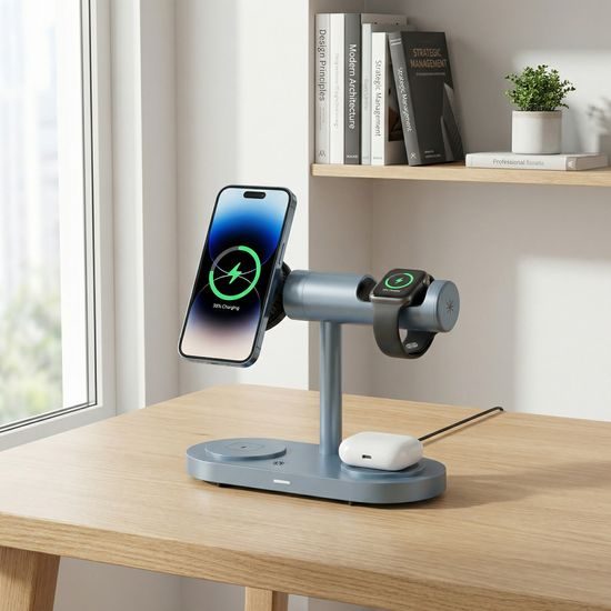 Qi2.2 MagSafe Nabíjecí stanice 5v1 s aktivním chlazením, 25 W a 360° rotací pro iPhone, Apple Watch, AirPods, Android, modrá