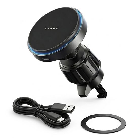 Lisen Magnetische KFZ-Halterung mit kabellosem Laden für Smartphone - 15W Wireless Charging - Schwarz