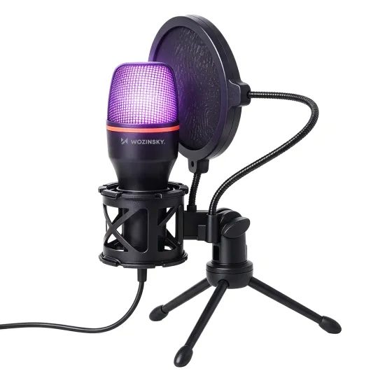 Wozinsky WM-W111 drátový herní mikrofon se stojánkem a RGB podsvícením, černý