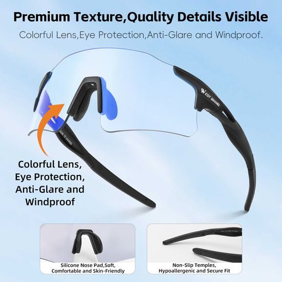 West Biking Photochromatische Fahrradbrille mit UV-Schutz - Sportbrille für Radfahren, Laufen und Outdoor - Schwarz