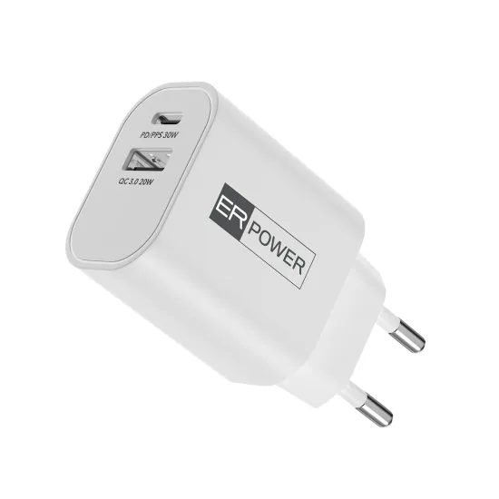 ER POWER Διπλός Φορτιστής GaN USB-C + USB-A, 30W, λευκός