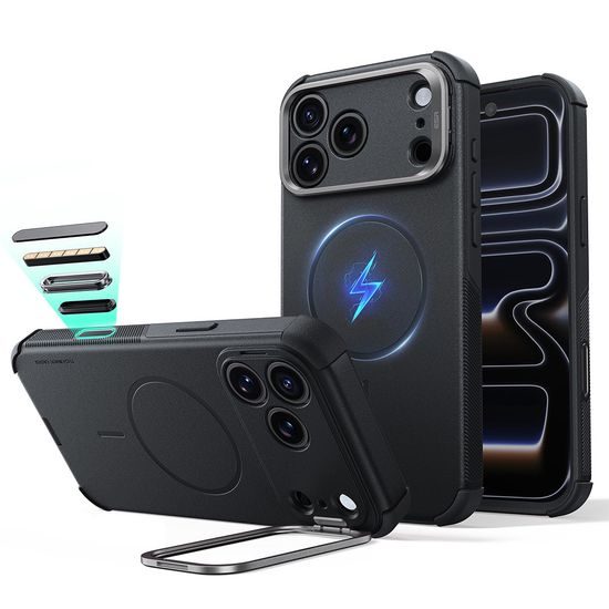 iPhone 17 Pro / 18 Pro vāciņš – ESR Cyber Armor Kickstand ar statīvu – melns