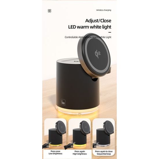 4σε1 Έξυπνος Ασύρματος Φορτιστής με LED Φωτισμό, Qi, Μαύρο