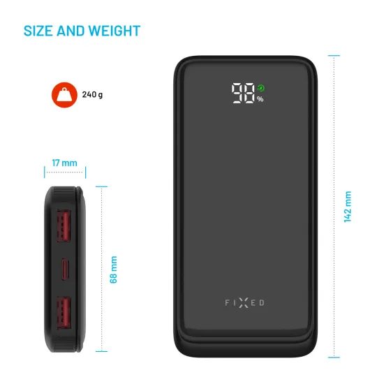 FIXED Zen2 10 powerbank LCD kijelzővel, 10 000 mAh, PD 20W, fekete