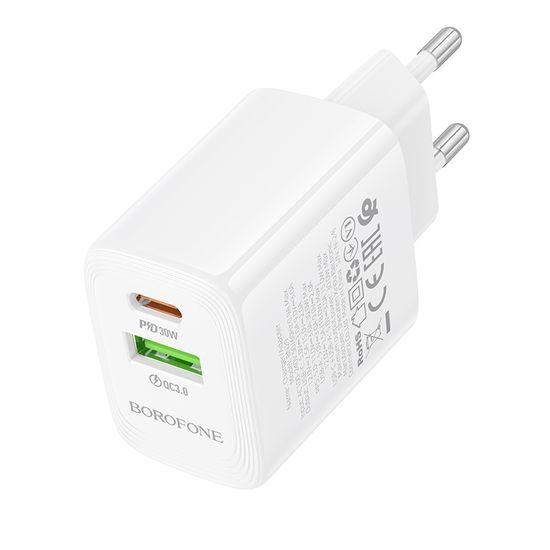 Προσαρμογέας Borofone BN29 Fuente - USB + USB-C, QC 3.0, PD, 30W, λευκό