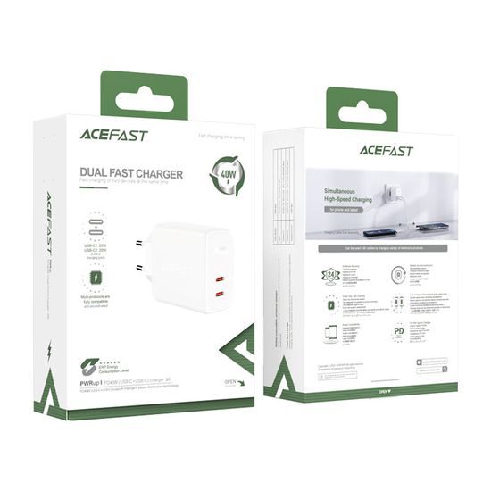 Acefast adapter 2x USB-C 40W, PPS, PD, QC 3.0, AFC, FCP, fehér (A9 fehér)