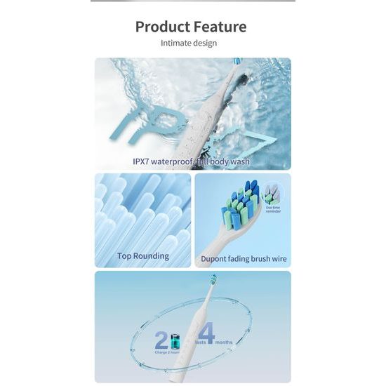 Звукова електрическа четка за зъби с комплект от 8 глави, 45 000 вибрации/мин, 5 режима, розова