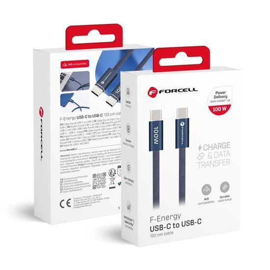 Cablu Forcell F-Energy USB-C - USB-C, QC4.0, PD, 5A, 100W, 1,2 m, albastru