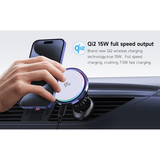 Ψύκτρα MagSafe Qi2 ασύρματης φόρτισης για αεραγωγούς αυτοκινήτου, με προαιρετικό RGB φωτισμό, 15W, κυκλική, λευκή