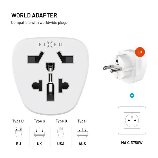 Adattatore da viaggio FIXED EU Adapter 2 per dispositivi UK / US / AUS a prese EU, bianco
