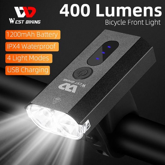 West Biking LED Fahrradlicht für Lenker - Wiederaufladbar Wasserdicht 400 Lumen USB - Schwarz