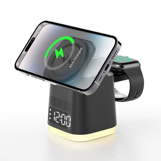 MagDock 6 Pro 6σε1 ασύρματος σταθμός φόρτισης με ρολόι και φωτισμό νυκτός για iOS και Android, μαύρο