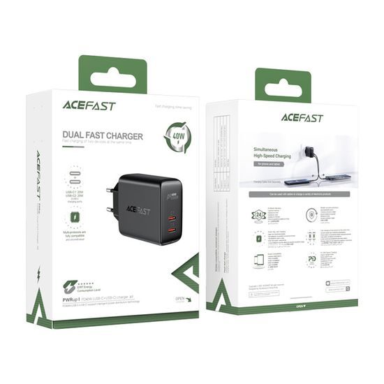 Acefast Netzteil 2x USB-C 40 W, PPS, PD, QC 3.0, AFC, FCP, schwarz (A9 schwarz)