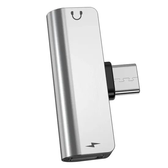 Hoco 2v1 audio adaptér USB-C na jack 3,5 mm + USB-C, strieborný (LS26)