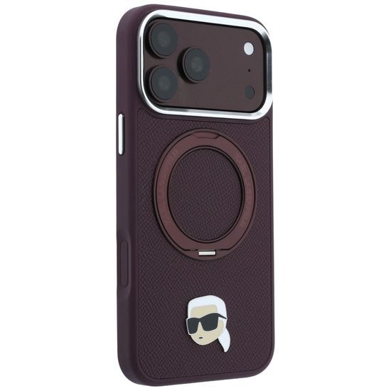 Karl Lagerfeld Leather Ring Stand 360 KC Pin MagSafe ümbris iPhone 17 Pro Max / 18 Pro Max – veininpunane
