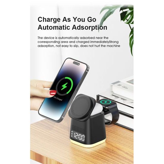 MagDock 6 Pro 6σε1 ασύρματος σταθμός φόρτισης με ρολόι και φωτισμό νυκτός για iOS και Android, μαύρο