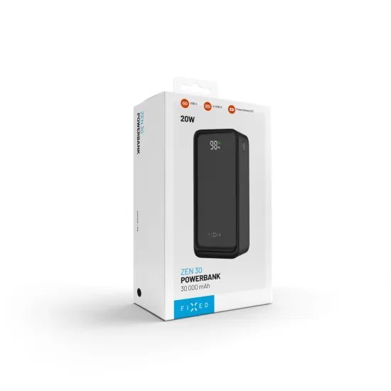FIXED Zen2 30 powerbank LCD kijelzővel, 30 000 mAh, PD 20W, fekete
