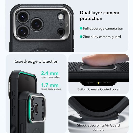 iPhone 17 Pro / 18 Pro vāciņš – ESR Cyber Armor Kickstand ar statīvu – melns