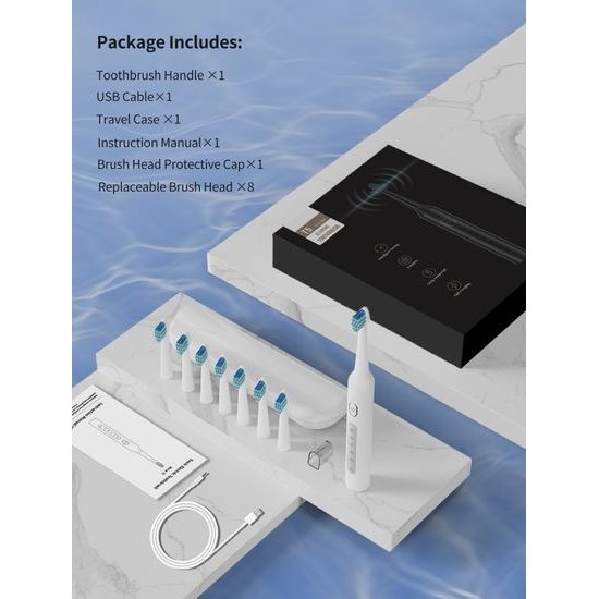 Zestaw sonicznej szczoteczki elektrycznej i bezprzewodowego irygatora 2w1 (IPX7, 5 trybów, 300 ml), biały