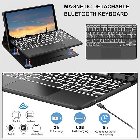 JP Μαγνητική Θήκη με Πληκτρολόγιο Bluetooth, Touchpad, Φωτισμό και Βάση για Stylus, Samsung Galaxy Tab S10 FE+, Μαύρη