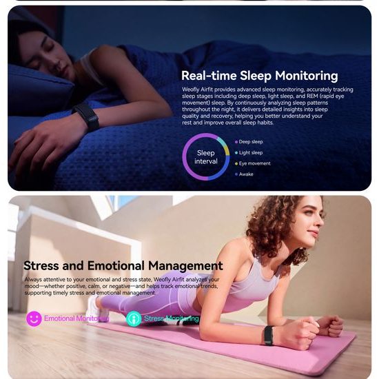 Weofly Airfit Smart Fitness Tracker ohne Display - Aktivitätstracker mit Herzfrequenzmessung und Schlafüberwachung - Schwarz