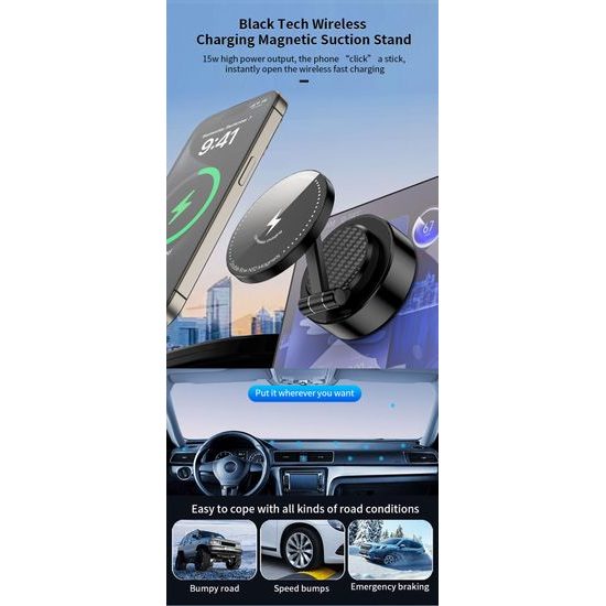 360° 15W μαγνητική ασύρματη βάση τηλεφώνου με βεντούζα και ρυθμιζόμενο βραχίονα, μαύρη, C48