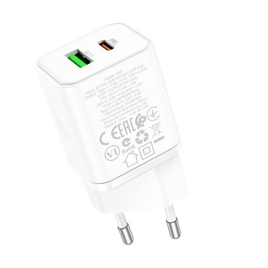 Borofone BN7 töltő, USB + USB-C, QC 3.0, PD 20W, fehér