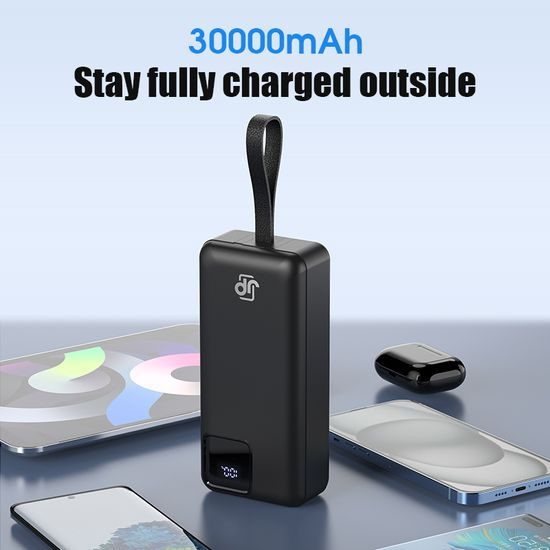 JP Powerbank z dvema vgrajenima kabloma, 30000 mAh, USB-C + Lightning, z LED lučko, PD 22,5W, črna
