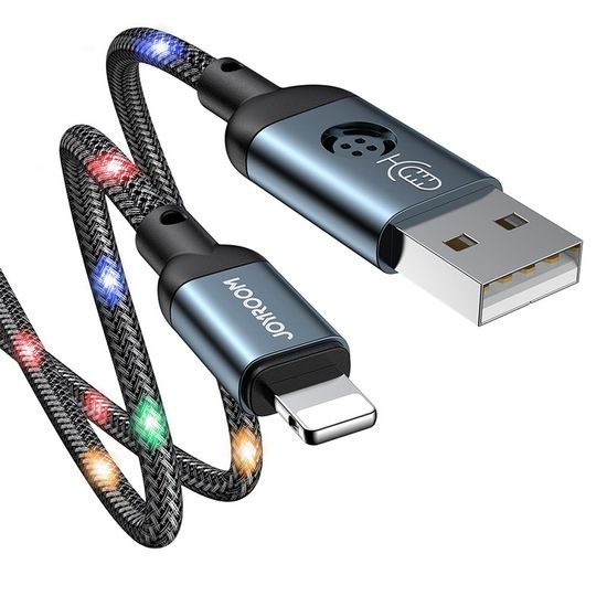 Joyroom odolný kabel USB - Lightning s barevným LED podsvícením, 2,4 A, 1,2 m, šedý (S-1230N16)