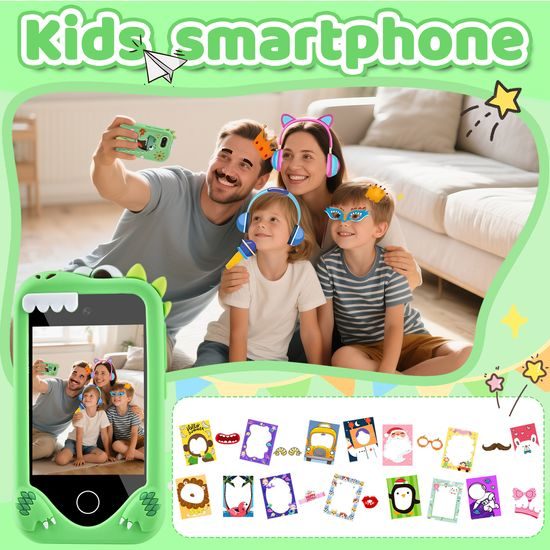 Έξυπνο τηλέφωνο για παιδιά με παιχνίδια, MP3, διπλή κάμερα και οθόνη αφής, πράσινος δεινόσαυρος