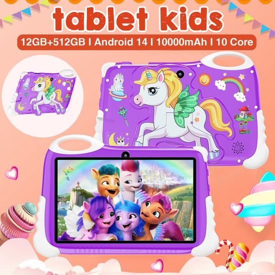 Tablet per bambini 7" HD con Android 14, protezione occhi e batteria 10000 mAh, Unicorno rosa