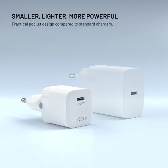FIXED Mini hálózati töltő, USB-C, PD 20W USB-C - USB-C kábellel, 1,2 m, fehér
