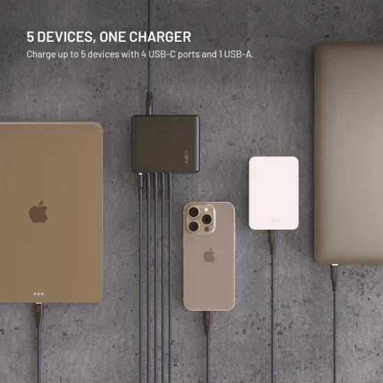 FIXED GaN dokkoló töltőállomás kijelzővel, 4x USB-C + USB, PD 3.2, 140W, fekete