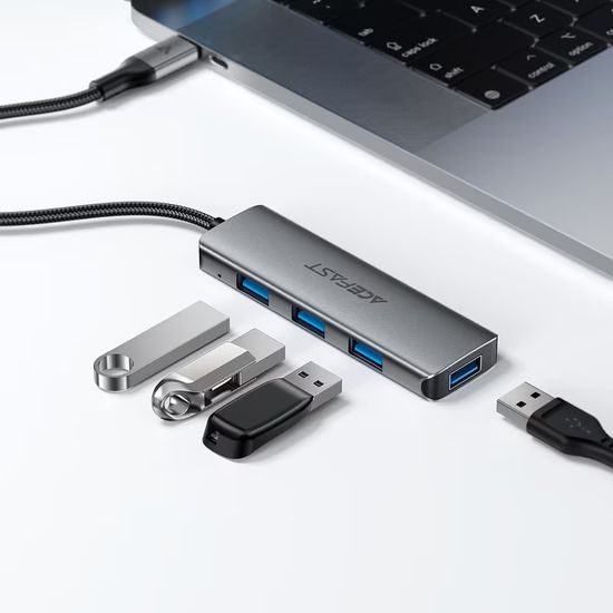 Acefast 4-in-1 Adapter (J15) - USB-C naar 4x USB 3.0 - 5 Gb/s - Plug & Play - Grijs