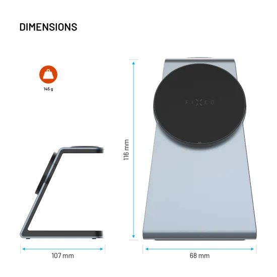 FIXED MagPowerstation Alu 3 az 1-ben vezeték nélküli töltőállvány Samsung készülékekhez MagSafe-fel, 25W + 5W + 2W, Qi2.2, űrszürke