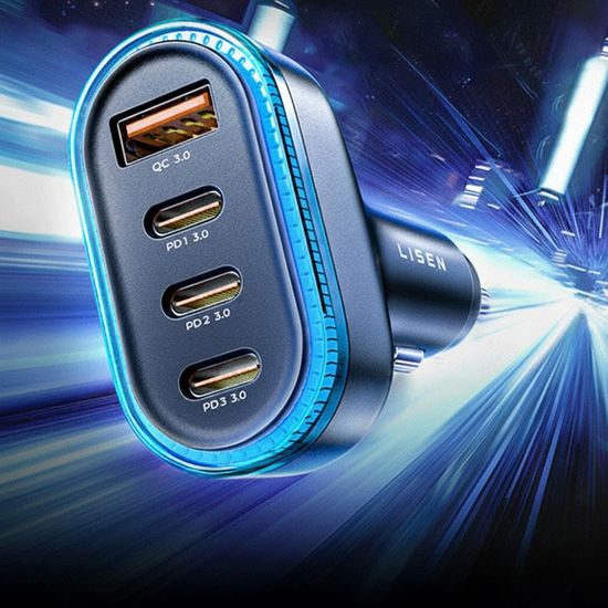 Lisen Nabíječka do auta s USB-C kabelem, USB, 3× USB-C, 101 W, 12 V–24 V, černá