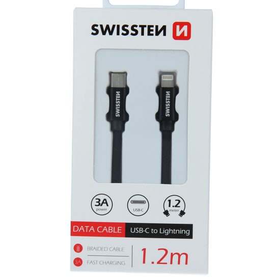 Swissten tekstilni podatkovni kabel, USB-C / Lightning, 1,2 m, črn