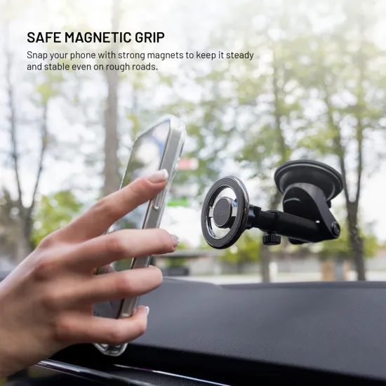 FIXED MagMount XL mágneses fém autós tartó szélvédőre vagy műszerfalra tapadókoronggal és MagSafe támogatással, fekete