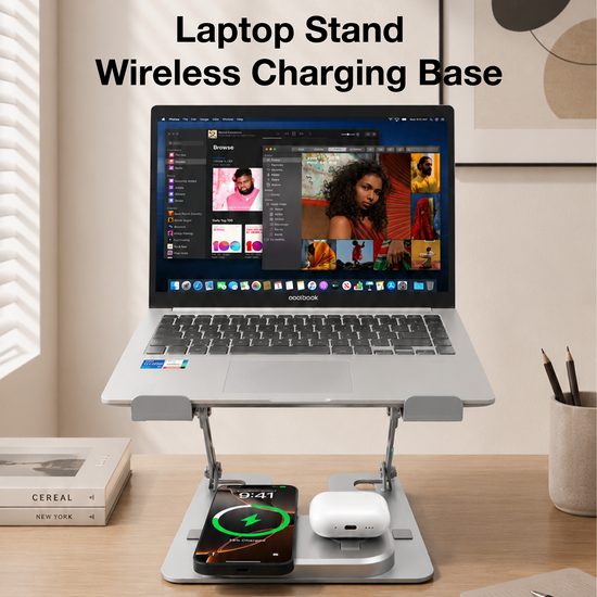 Premium Aluminium Laptop Ständer mit kabelloser 4-in-1 Ladestation - Ergonomischer Notebook Halter mit Wireless Charging für Smartphone, Smartwatch und Earbuds - Silber