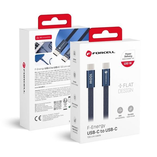 Cablu Forcell F-Energy USB-C - USB-C, QC4.0, PD, 5A, 100W, 1,2 m, albastru
