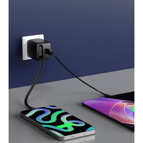 Swissten SlideCharge adapter sisseehitatud väljatõmmatava USB-C kaabliga GaN 30W 1x USB-A 18W – must
